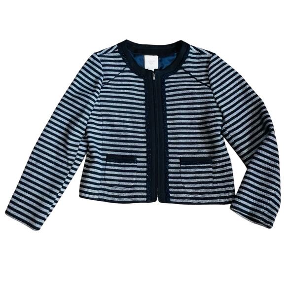 J. Crew Women’s Sz 8 Blue Stripe Blazer Jacket Tweed Zip Front Cropped - Picture 3 of 13